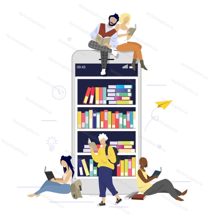 Huge smartphone with bookshelves full of books on screen and people reading books, vector flat illustration. E-book, digital library concept for web banner, website page etc.