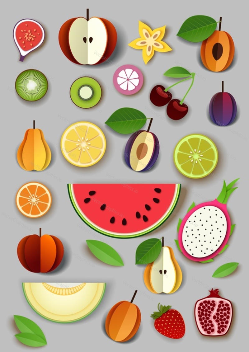 Vector paper cut craft style fresh summer fruits and berries. Sweet watermelon slice, apple, plum, pear, cherry, kiwi, orange, lime, pomegranate, strawberries and tropical fruits. Healthy diet food.