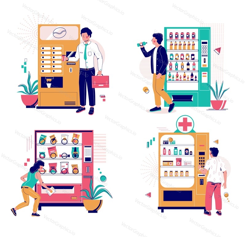 Vending machine set with characters, vector illustration isolated on white background. Coffee, snack, soda, medicine dispensers with buyers male, female characters. Intelligent vending machine market.