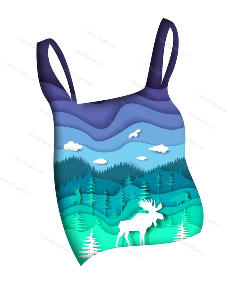 Nature plastic pollution concept. Vector illustration in paper art style. Plastic bag with nature landscape elk and deer wild forest animals. Environmental and ecology problems. Save world and animals