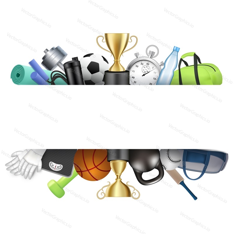 Sport poster, frame template. Vector illustration. Realistic fitness gym accessories, sports equipment for soccer, cricket, basketball games, stopwatch, winner gold cup and copy space.