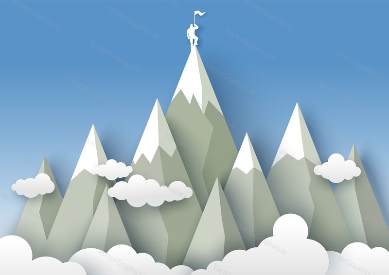 Mountaineering web banner, poster template, vector illustration in paper art craft style. Climber standing next to flag on mountain top. Extreme winter sports. Climbing mountains, winter tourism.