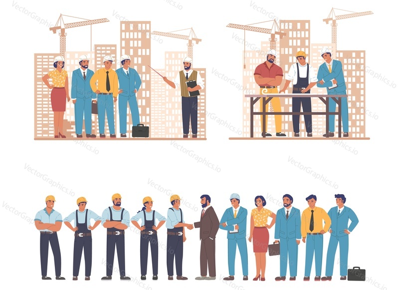 Construction engineers, architects working on architecture project plan, meeting with builder workers on construction site, flat vector illustration. Building industry, architectural planning.