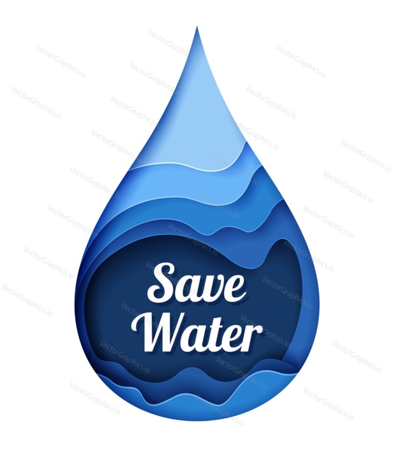 Paper cut craft style blue water drop with Save water lettering, vector isolated illustration. Water conservation, ecology, save nature.