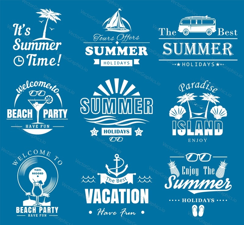 Summer time travel vintage logo, label, badge set, vector illustration. Summer holidays, cruise vacation, beach party, road trip white emblems on blue background.