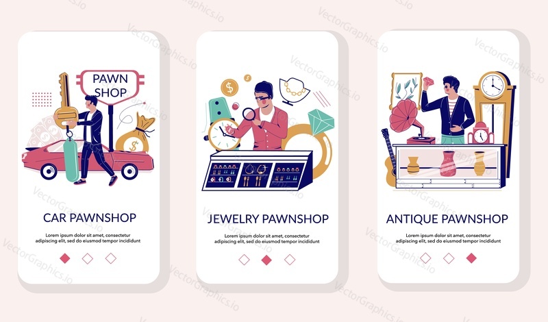 Pawnshop mobile app onboarding screens. Menu banner vector template for website and application development. Pawnshop or pawnbroker offering collateral loans in exchange for car, jewelry and antiques.