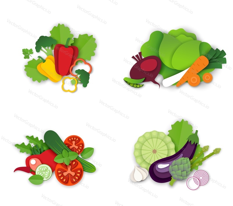 Fresh organic vegetables composition set, vector isolated illustration. Paper cut red pepper, tomato, carrot, eggplant zucchini artichoke cucumber. Healthy vegetarian food. Packaging labels, stickers.