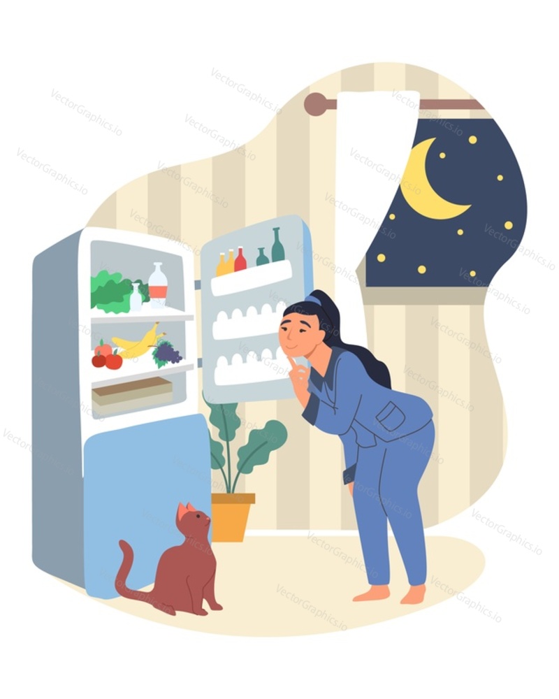 Obesity and weight problems. Hungry overweight woman standing in front of open refrigerator, flat vector illustration. Girl eating at night. Gluttony. Unhealthy lifestyle. Weight gain.