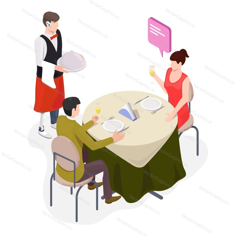 Isometric waiter with leg prosthesis and hearing aid serving food in silver platter or restaurant cloche, flat vector illustration. Young disabled guy working in restaurant. Disabled people lifestyle.