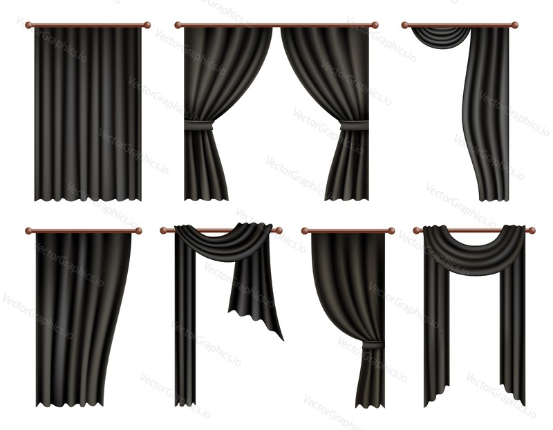Black window curtain and drape mockup set, vector illustration isolated on white background. Realistic hanging fluttering curtains made of soft silk fabric. Modern interior design.