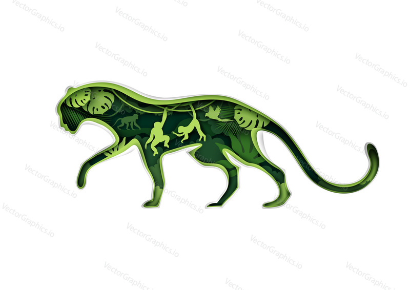Jaguar silhouette with rainforest, monkeys, parrot jungle animals inside, vector illustration in paper art style. The beauty of nature. Save animals, protect and discover wildlife. Multiple exposure.
