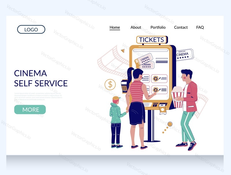 Cinema self service vector website template, landing page design for website and mobile site development. Family making cinema ticket purchase at self service kiosk. E-ticket machine.