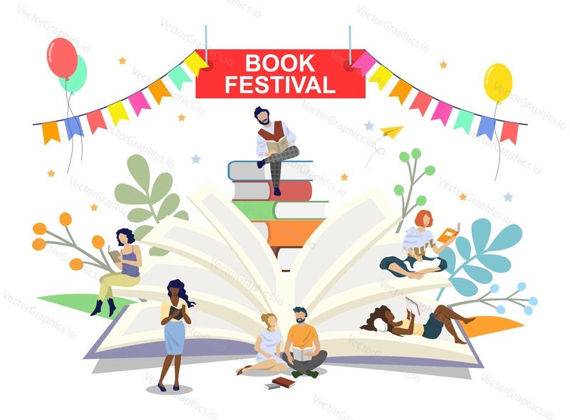 Book festival poster banner vector template. Readers diverse male and female cartoon characters reading books while walking, sitting, lying, flat style design illustration. Literature event, book fair