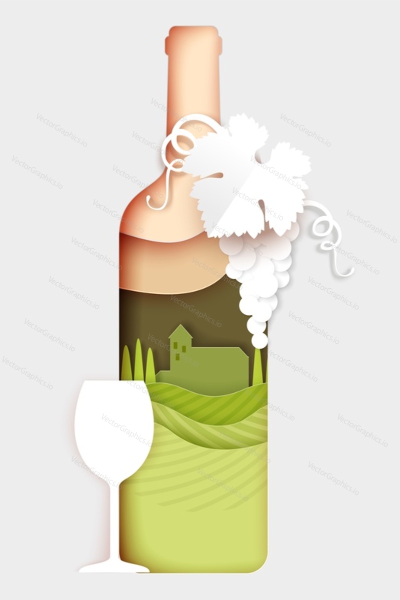 Paper cut white wine bottle with glass and grapes, vector illustration. Winery, wine bar advertising poster, banner, flyer, card template.
