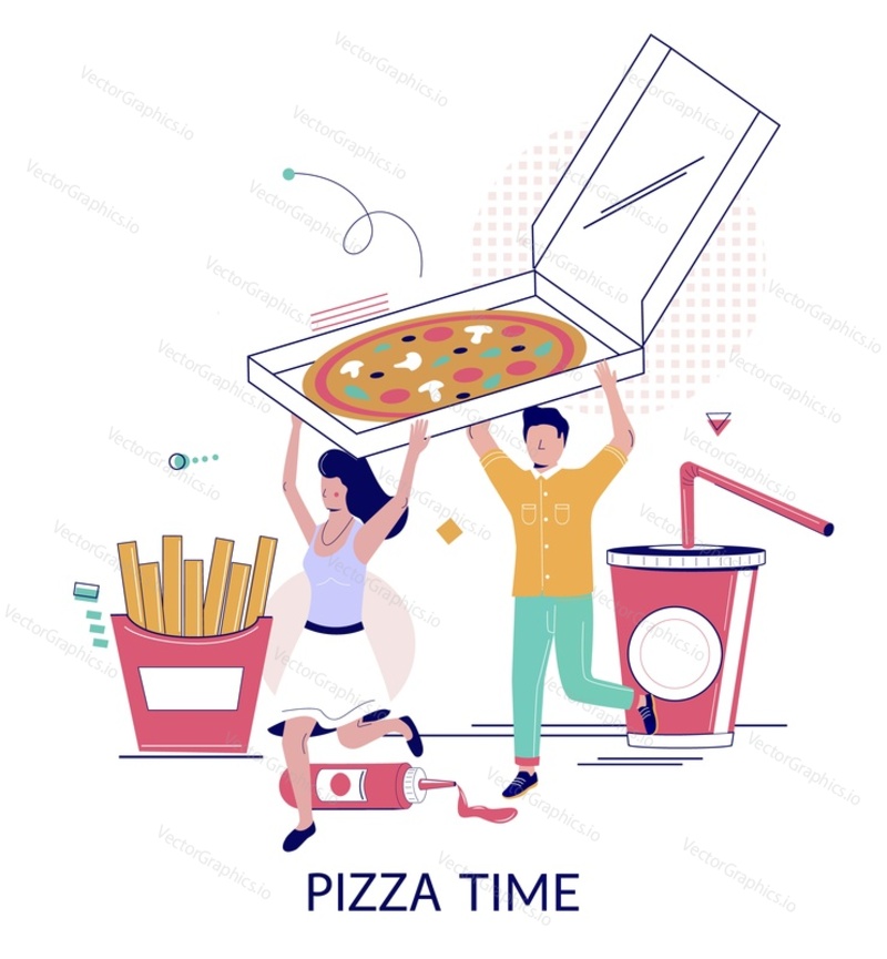 Время пиццы, векторная плоская иллюстрация. Счастливая пара держит огромную коробку с вкусной итальянской едой. Концепция заказа пиццы в ресторане быстрого питания для веб-баннера, страницы веб-сайта и т.д.