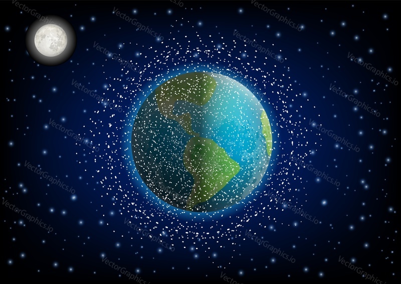 Space debris in orbit around the Earth, vector illustration. Space junk, garbage ring around planet Earth. Cosmos pollution poster, banner template.