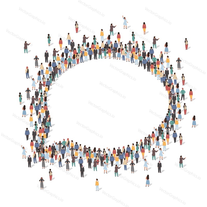 Large group of people standing together in the shape of speech bubble, flat vector illustration. People crowd gathering. Social communication concept.