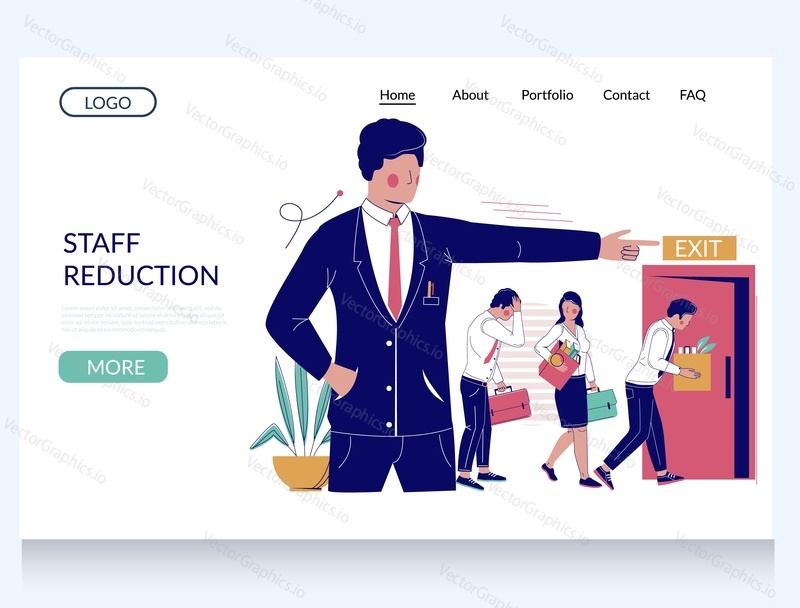 Staff reduction vector website template, landing page design for website and mobile site development. Professional staff layoff due to lack of funds, work, reorganization. Economic crisis, job loss.