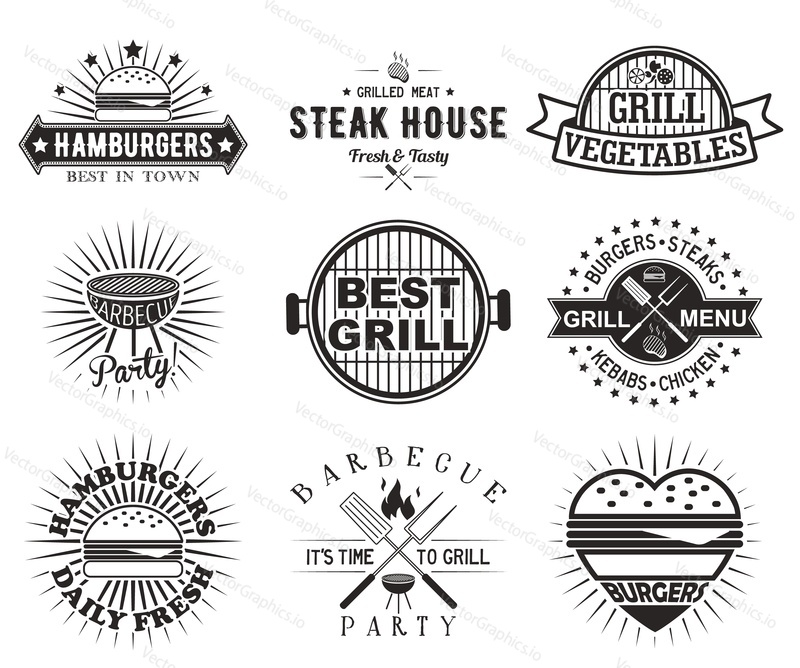 Grill or bbq vintage logo, label, badge set, vector illustration. Hamburger, steak, kebab, chicken, grill vegetables black emblems on white background. Steak house, barbecue party logos.
