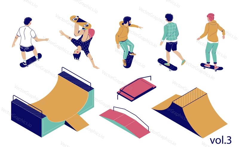 Skate park set, vector flat illustration isolated on white background. Isometric skateboard ramp and other skatepark equipment, happy teens riding skateboards and performing stunts.