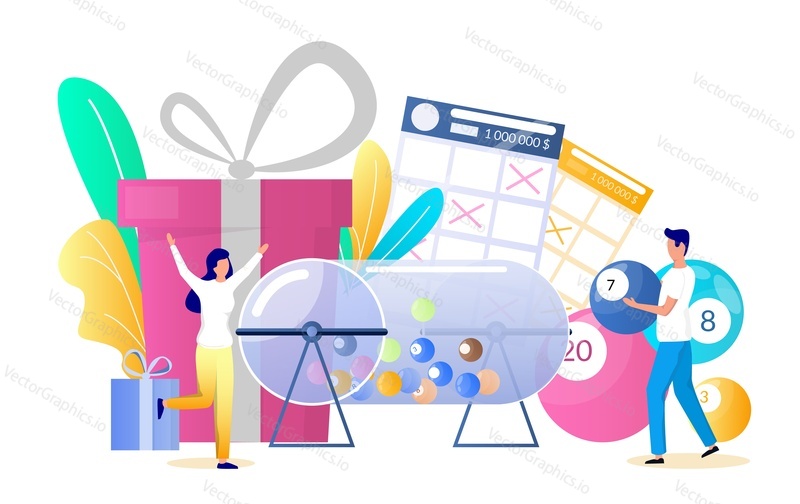 Raffle drum with balls, gift boxes, lucky woman playing bingo lotto game and winning prize, vector flat illustration. Lottery gambling, bingo prize draw concept for web banner, website page etc.