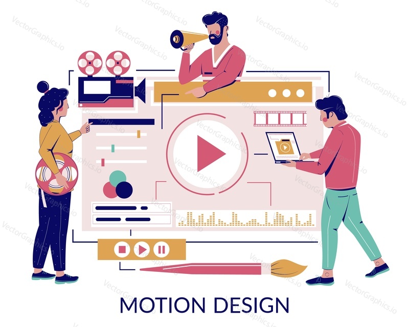 Male and female characters designers, animators, storytellers creating motion graphic content, vector flat illustration. Motion graphic studio concept for web banner website page etc.