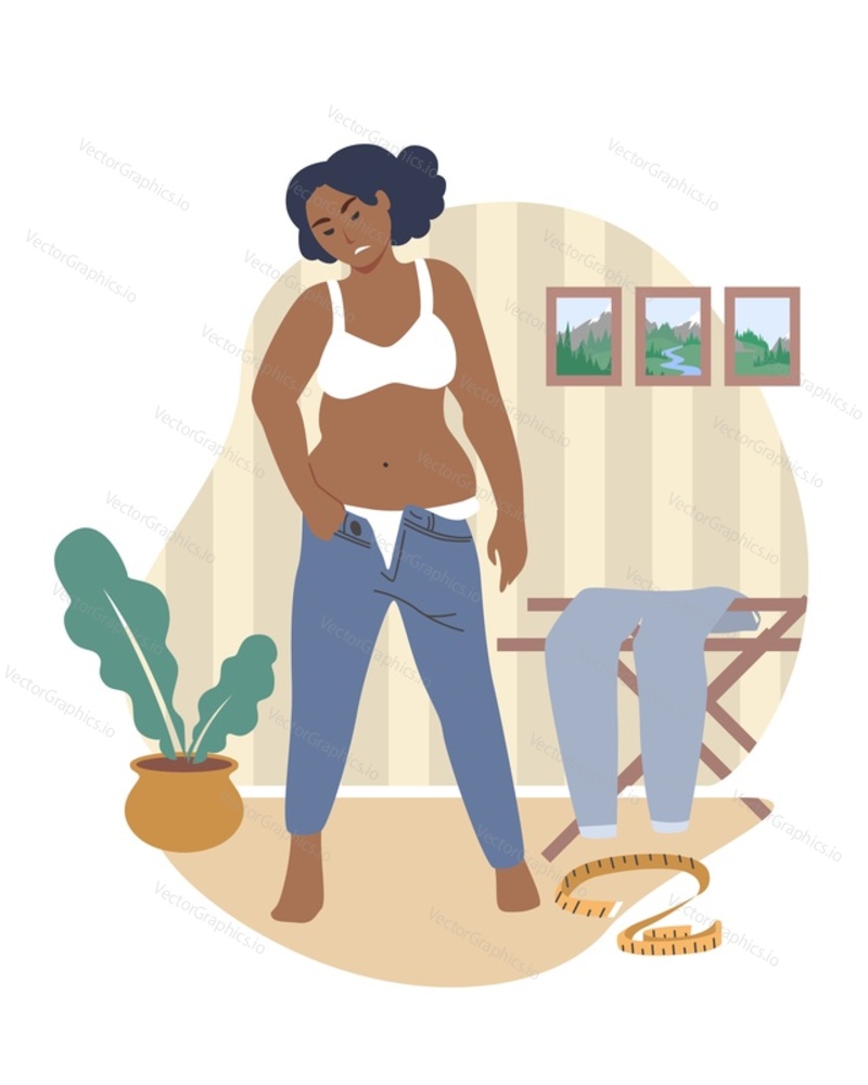 Obesity and weight problems. Unhappy fat woman trying to put on tight pants, flat vector illustration. Unhealthy lifestyle. Weight gain.