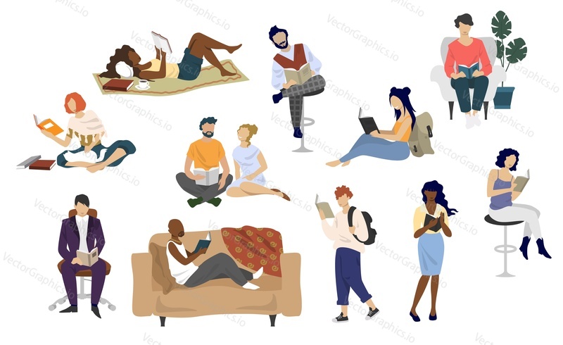 Male and female characters book lovers reading books standing, sitting, lying, vector flat illustration isolated on white background. Different ages diversity people enjoying reading. Education, hobby