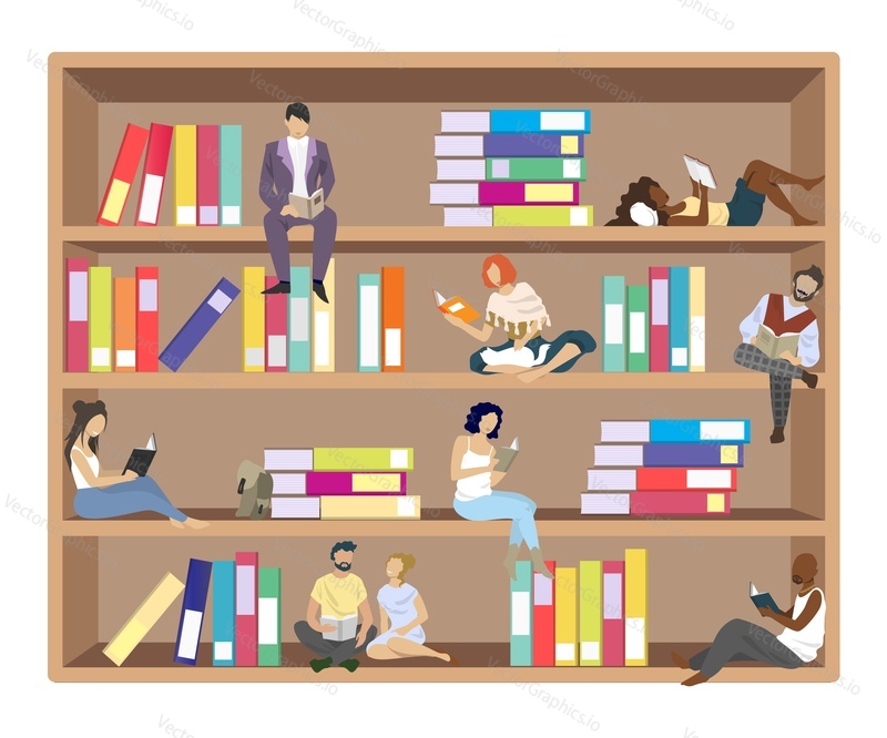 Crossbooking concept vector flat style design illustration. Diversity people reading books while sitting and lying on bookshelves. Library for exchange of books and spend good time.