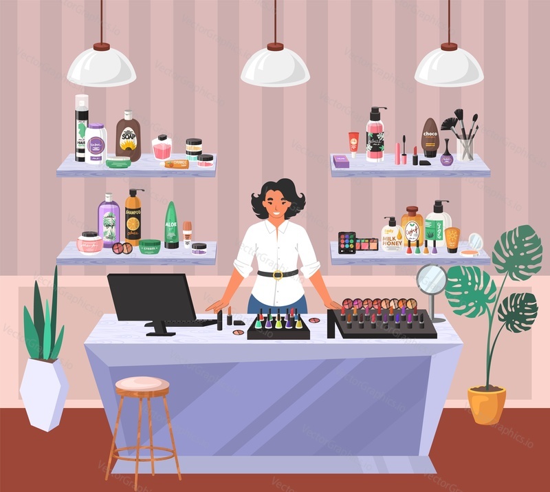 Cosmetics store. Female shop assistant standing at counter, flat vector illustration. Shelves with health and beauty products. Makeup, hair, face and body skincare cosmetics.