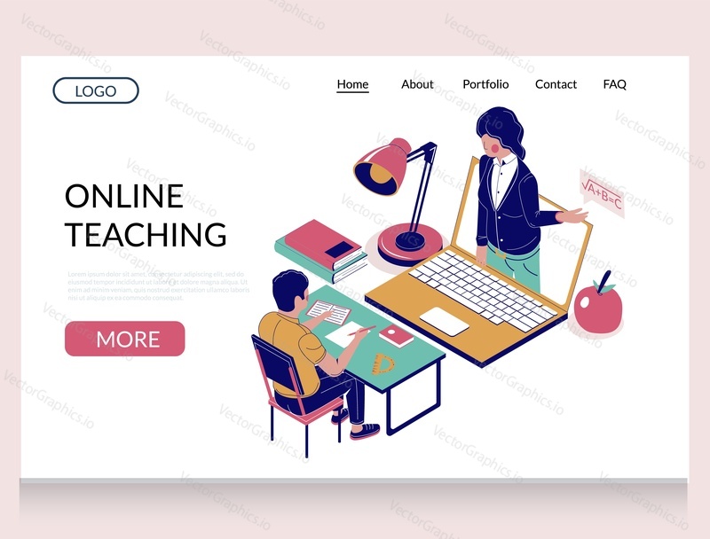 Online teaching vector website template, landing page design for website and mobile site development. Distance education, home schooling, remote teaching.