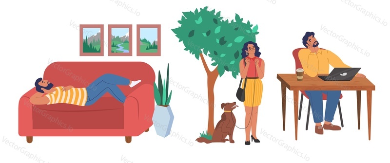 People dreaming scene set, flat vector isolated illustration. Dreamy male and female cartoon characters thinking about something while relaxing at home, walking with dog, working on computer.