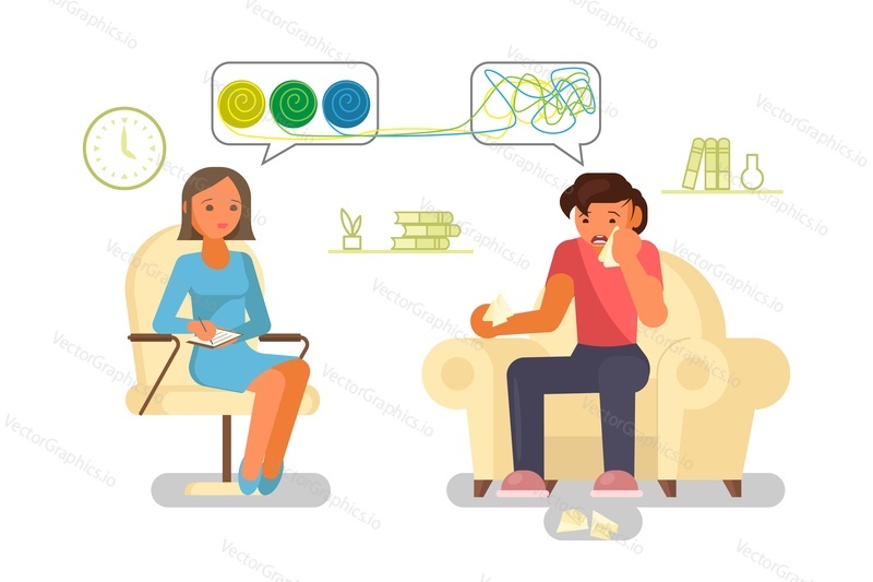 Female doctor psychiatrist talking to crying patient having mental health problems, flat vector illustration. Psychotherapy, psychologist counseling, personal therapy session.