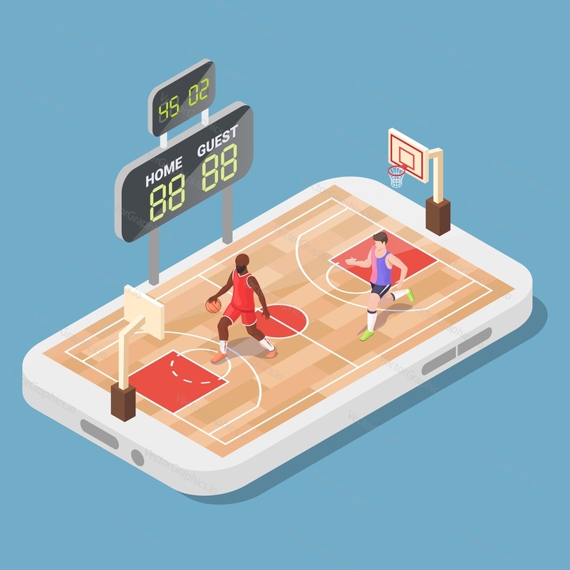 Isometric basketball court with players on smartphone screen, flat vector illustration. Online basketball game, mobile e-sport.