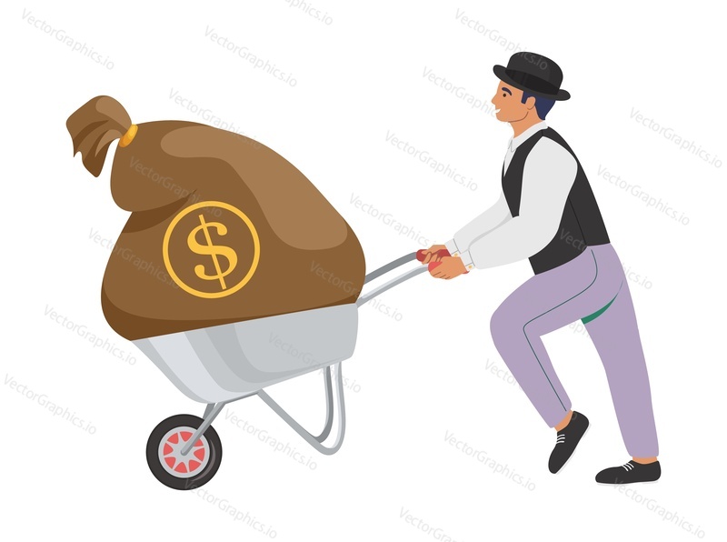Businessman pushing wheelbarrow with money bag, flat vector illustration. A man of fortune, happy wealthy gentleman rich banker, dollar millionaire.