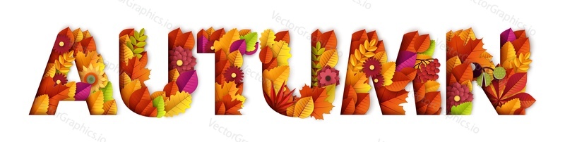 Autumn typography design made with leaves and floral elements. Vector paper cut style illustration. Can be used for business advertising, banners, posters. Fall maple leafs and foliage.