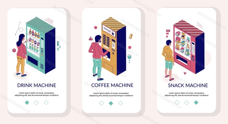 Vending machine mobile app onboarding screens. Menu banner vector template for website and application development. Isometric snack, coffee, soft drink automated vending machines and characters.