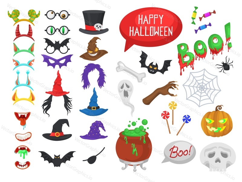 Vector set of halloween party photo booth props and masks. Halloween stickers. Icons set illustration. Pumpkin, hats, monster, skull, holiday costume elements.