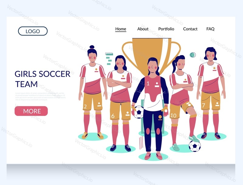 Girls soccer team vector website template, landing page design for website and mobile site development. Football winner girl team with gold trophy cup.