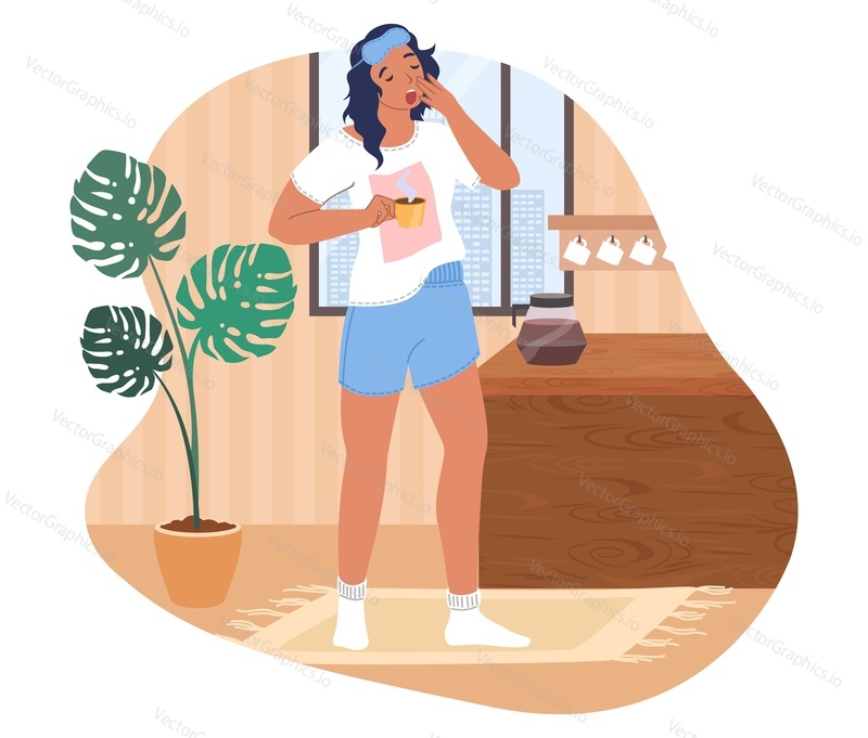 Sleepy woman waking up in the morning, flat vector illustration. Tired and sad girl with cup of coffee.