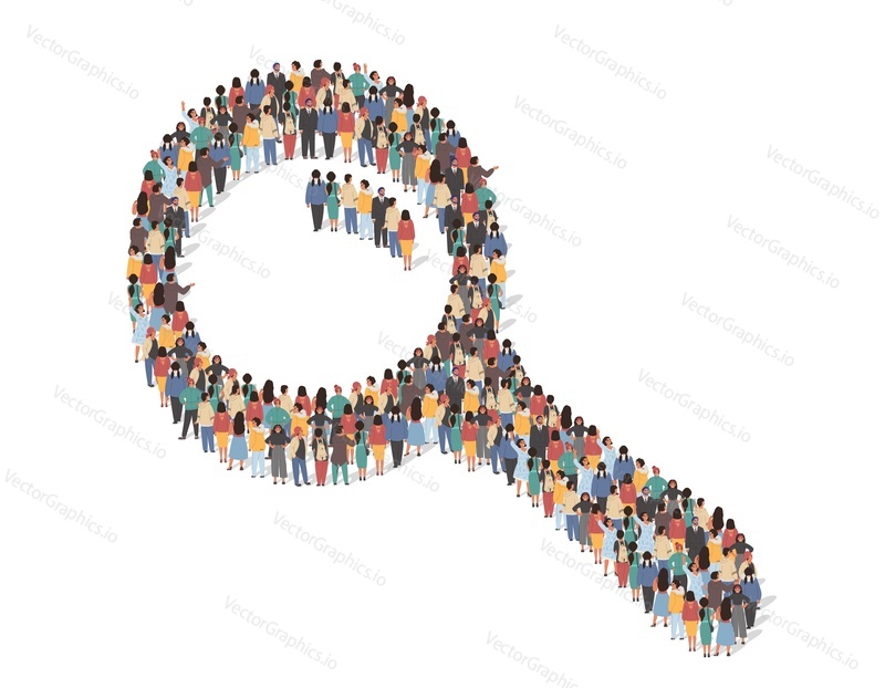 Large group of people standing together in the shape of magnifying glass, flat vector illustration. People crowd gathering. Hiring, employment, job search, recruitment, business career.