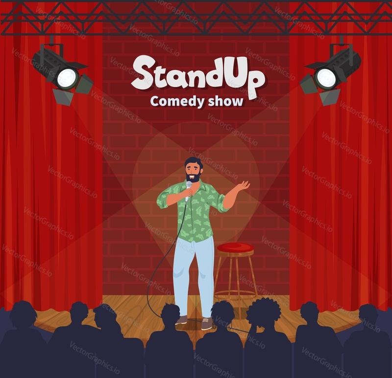 Stand up comedy show. Male comic telling funny stories, jokes in front of live audience, flat vector illustration. Stand up comedian cartoon character performing on theatre stage with microphone.