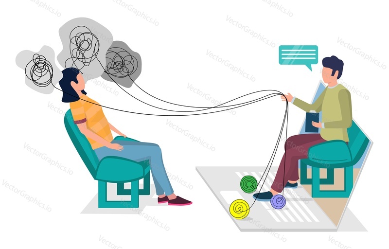 Personal online psychotherapy, flat vector illustration. Individual mental health counseling via the internet. Online psychological help and support.