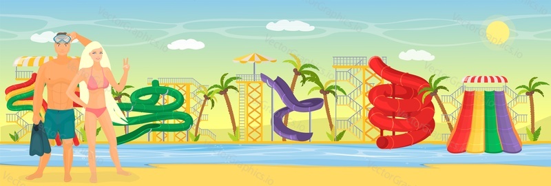 Happy couple enjoying water park attractions, flat vector illustration. Amusement park with water slides and rides. Aquapark entertainment. Summer beach activity.