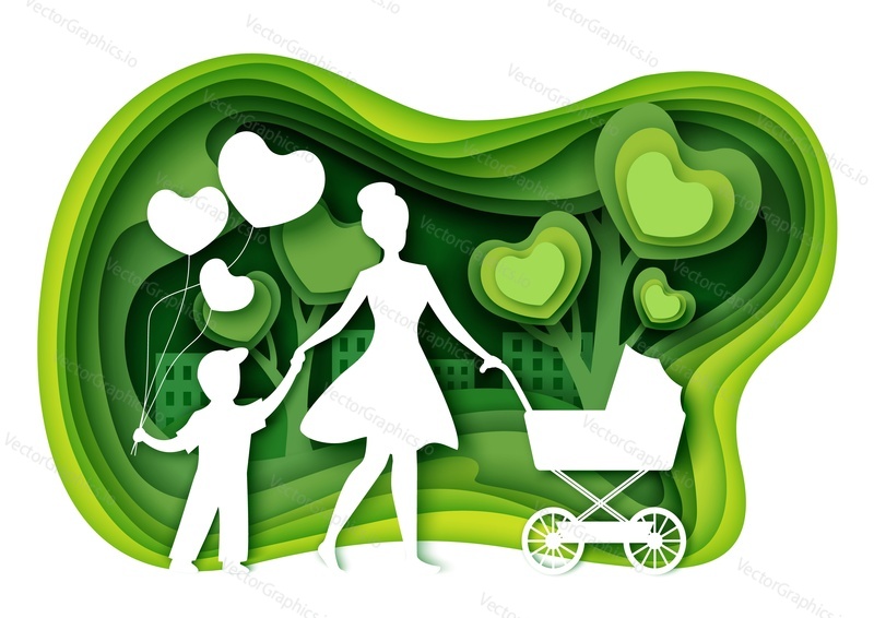 Happy woman walking in the park with her kids, vector illustration in paper art craft style. Young mother holding her son hand and pushing baby carriage. Happy Mothers Day card, poster, banner etc.