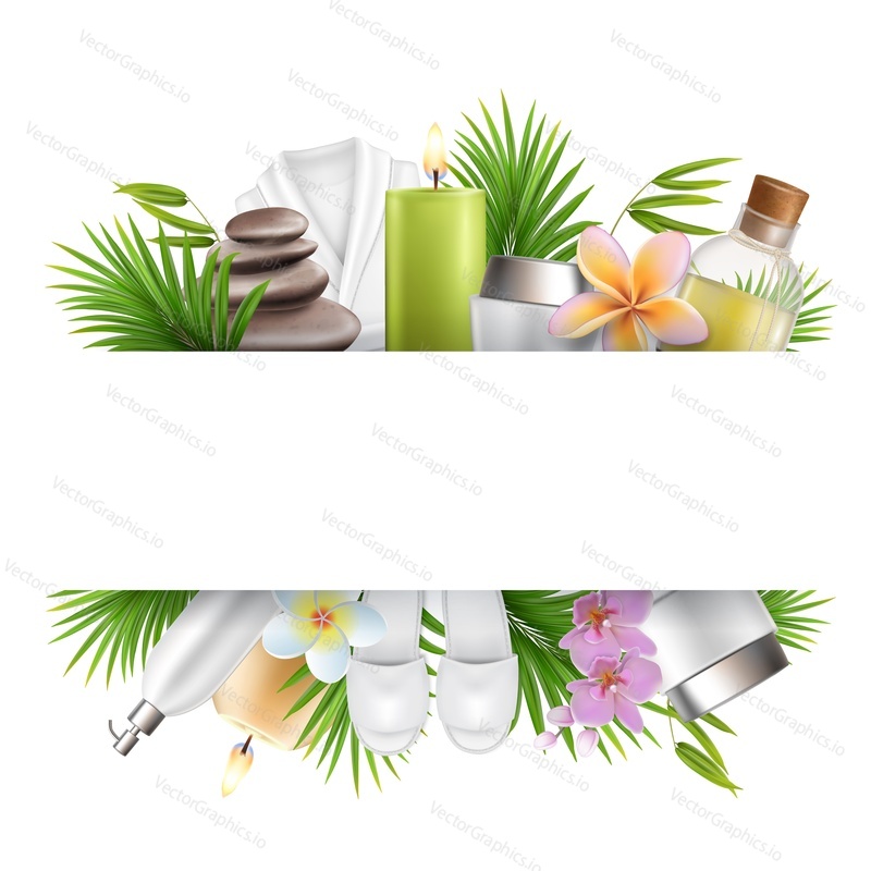 Beauty salon and spa poster, frame template with accessories for skin care procedures. Vector illustration. Spa stones, massage oil, cosmetics, bathrobe and slippers, aroma candles and copy space.