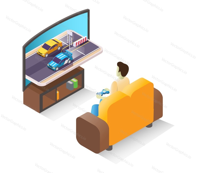 Isometric young man gamer playing car racing video game with controller sitting on sofa in front of tv, flat vector illustration. Online gaming, console racing games.