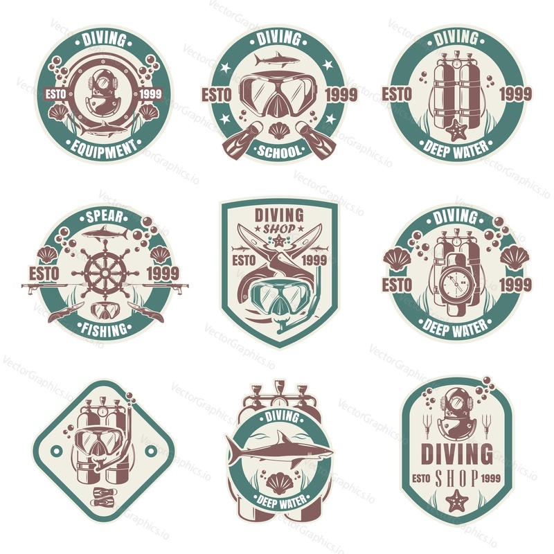 Diving school, shop, club vintage logo, badge, emblem set, vector illustration. Scuba diving, spearfishing, underwater swimming and hunting equipment and gear. Water recreational sport and leisure.