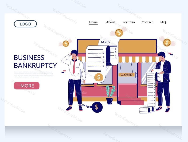 Business bankruptcy vector website template, landing page design for website and mobile site development. Closed office, unpaid tax bills and confused businessmen. Financial crisis, business failure.