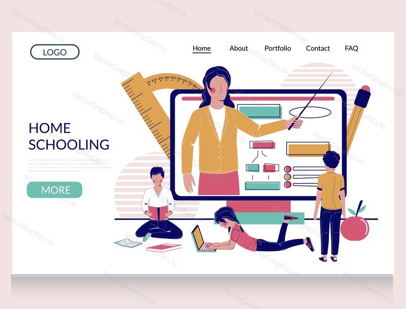Home schooling vector website template, landing page design for website and mobile site development. Home education, remote learning, online school.
